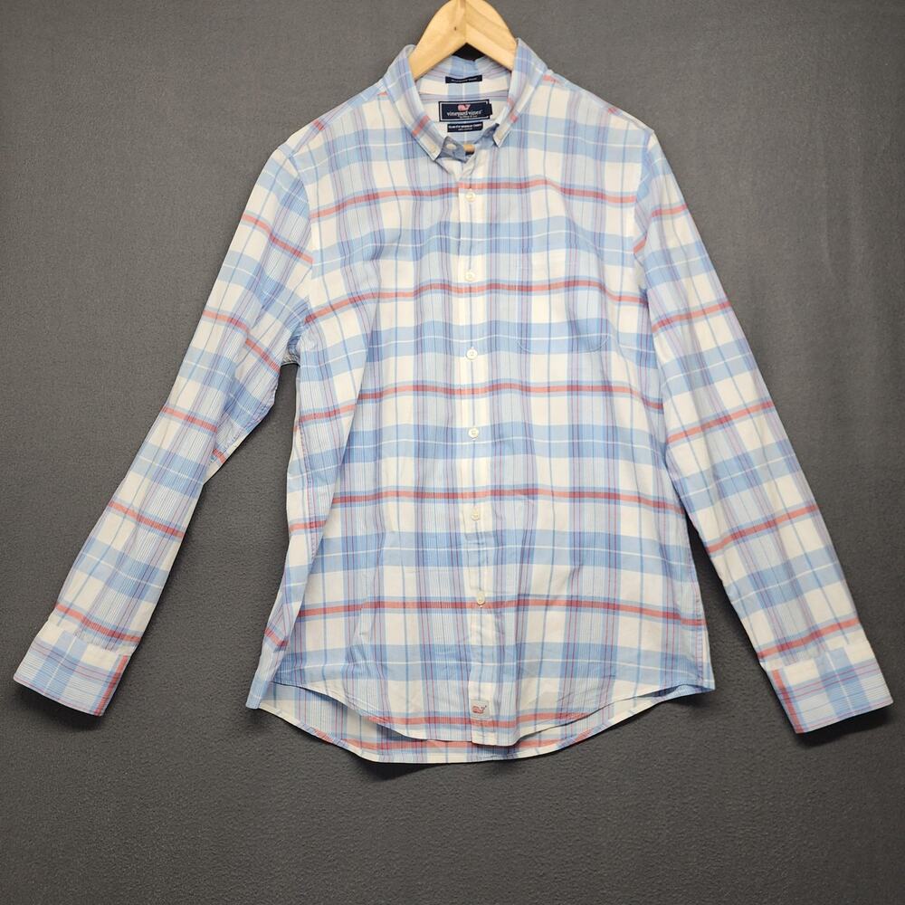 Vineyard Vines Shirt Mens Medium Blue Red Plaid Slim Fit Murray Saltwater Wash